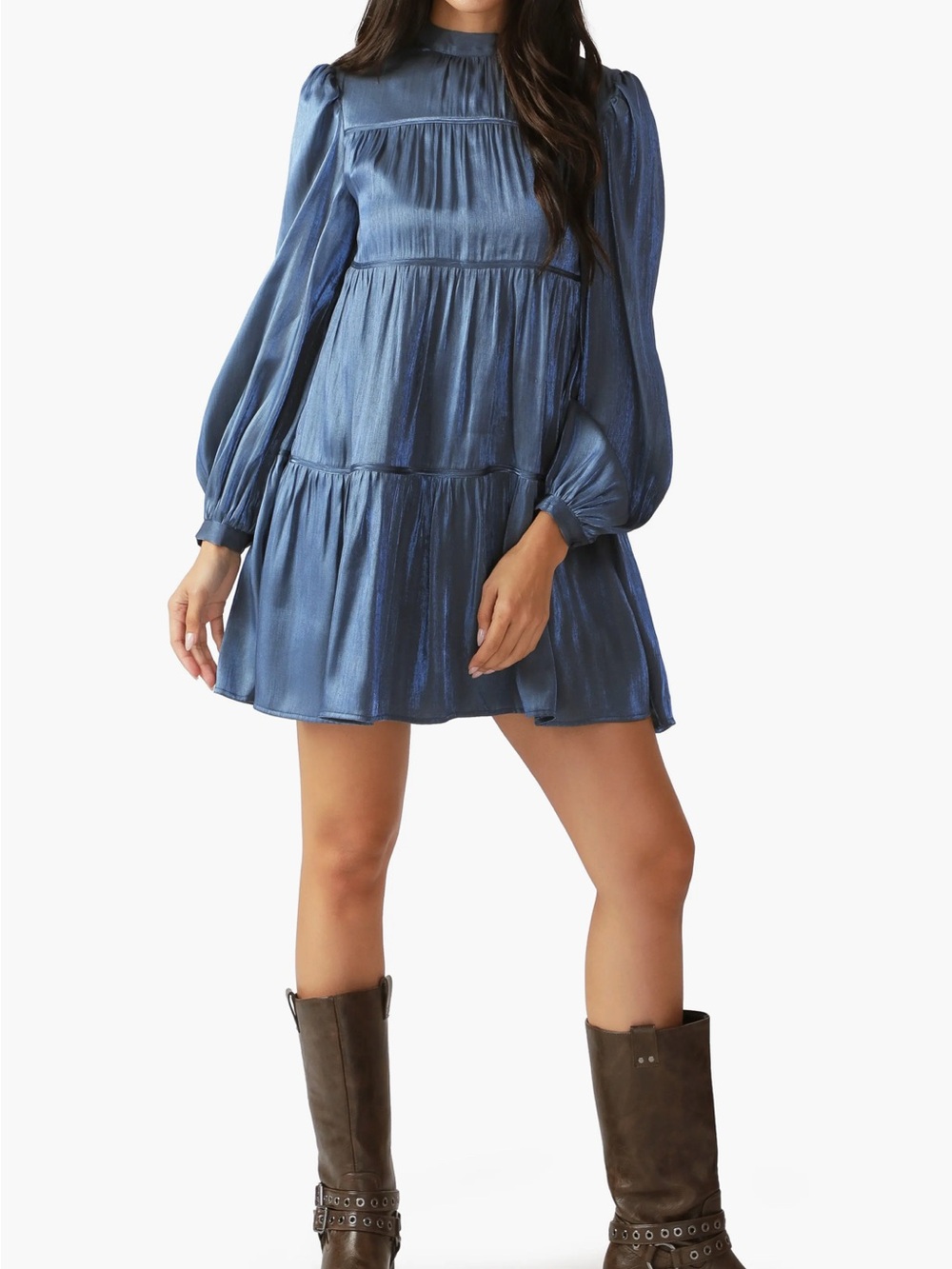 Vici blue satin metallic tiered long sleeve dress